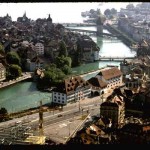 Telephoto shot of Reuss River and Chapel Bridge, Lucerne, Switzerland